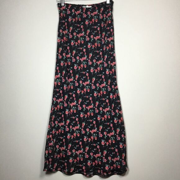 Vintage roses print black maxi skirt floaty elasticated waist size Small - Picture 1 of 8